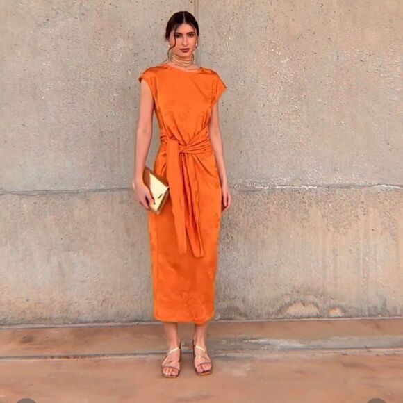 ZARA LONG JACQUARD DRESS ORANGE NEW - Picture 1 of 8